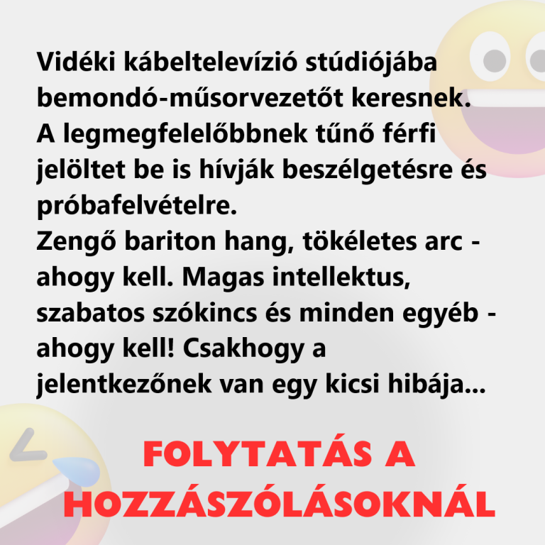Vidéki kábeltelevízió stúdiójába bemondó-műsorvezetőt keresnek