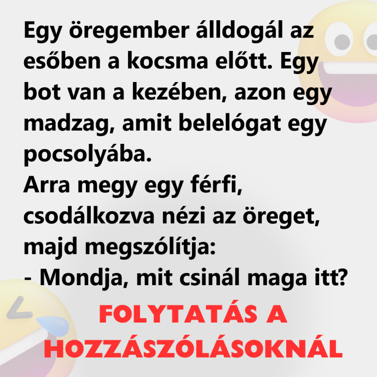 Egy öregember álldogál az esőben a kocsma előtt