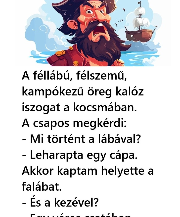 A féllábú, félszemű, kampókezű öreg kalóz iszogat