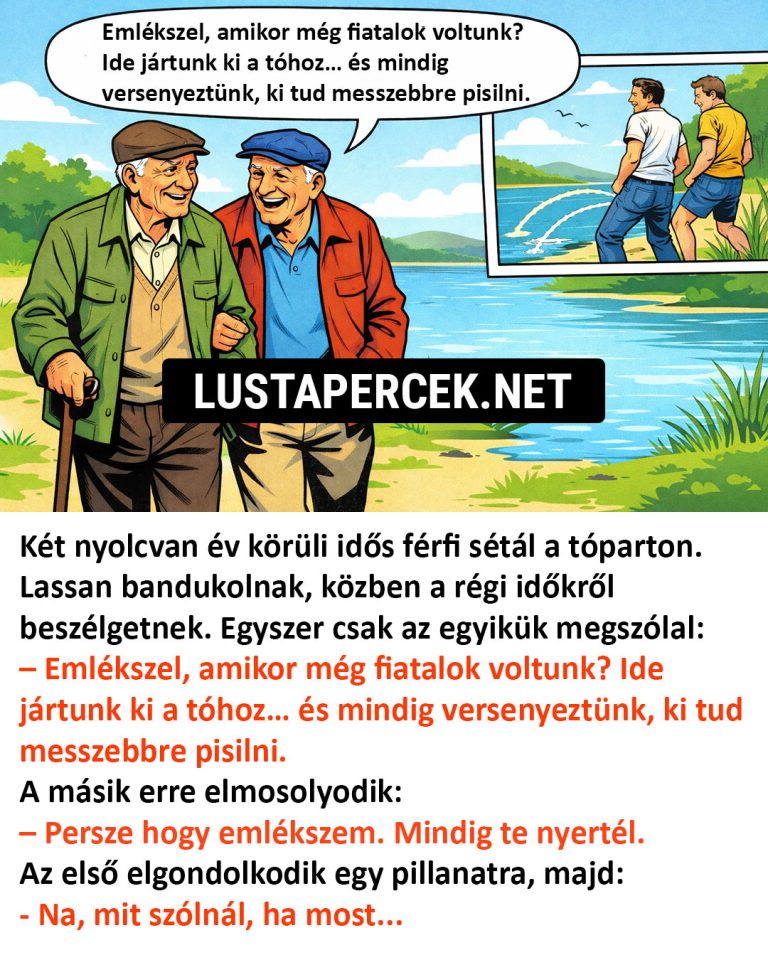 Két nyolcvan év körüli idős férfi sétál a tóparton